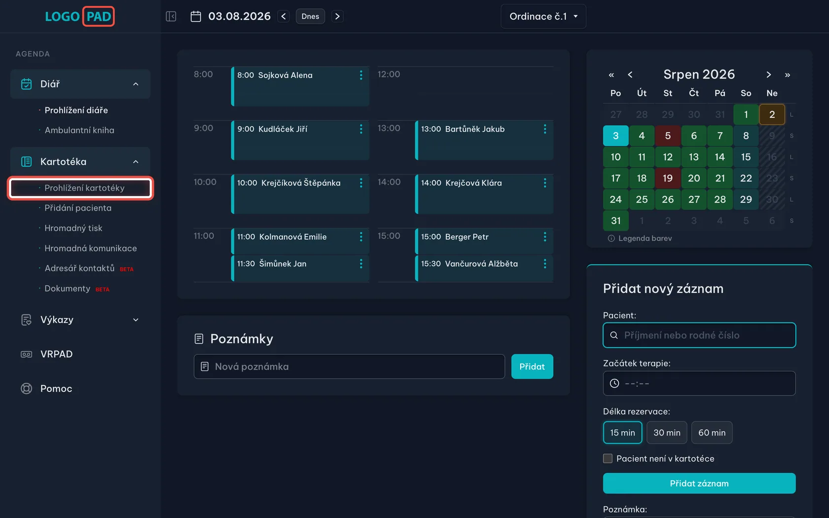 Snímek obrazovky programu LOGOPAD, krok 2 z 17: Vyberte Prohlížení kartotéky — Klikněte na Prohlížení kartotéky.