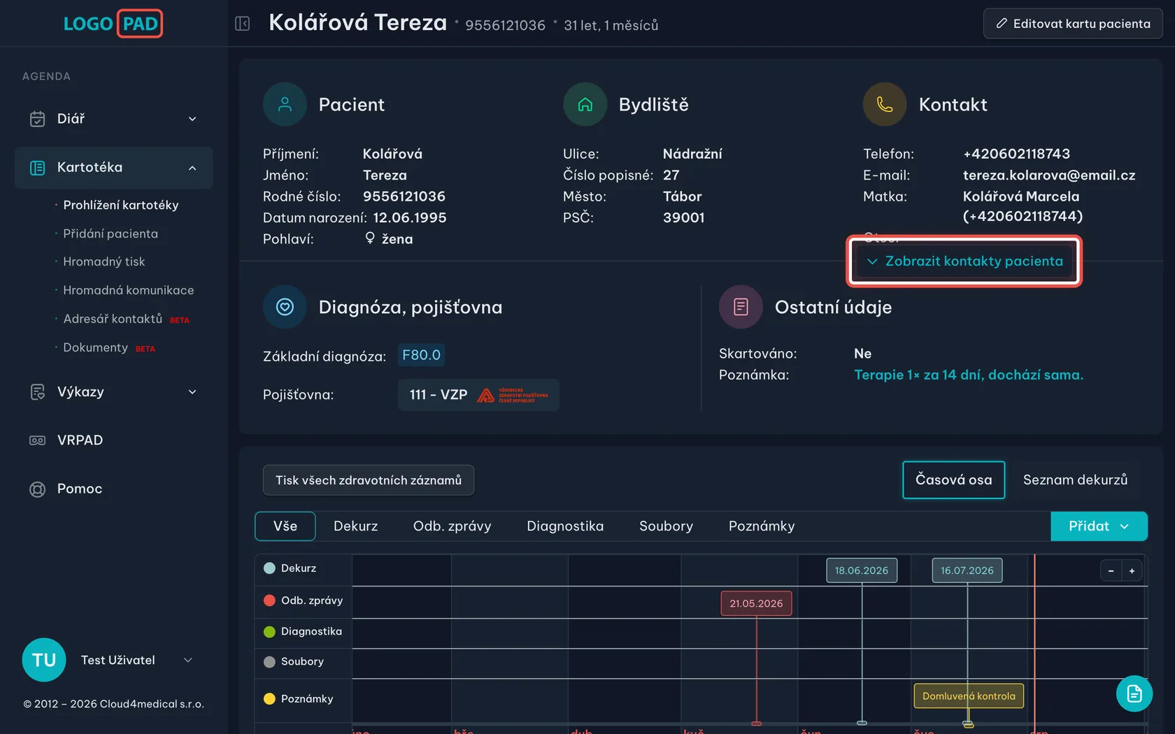 Snímek obrazovky ke kroku 2: Rozbalte kontakty pacienta