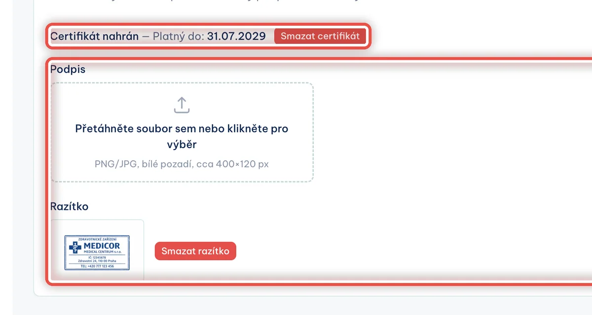 Zblízka — Podpis dokumentů a razítko: Nahrajte Razítko — obrázek přetáhněte do rámečku nebo do rámečku klikněte a soubor vyberte. Doporučujeme razítko, na kterém je rovnou i váš podpis; nedělte to na dva obrázky.