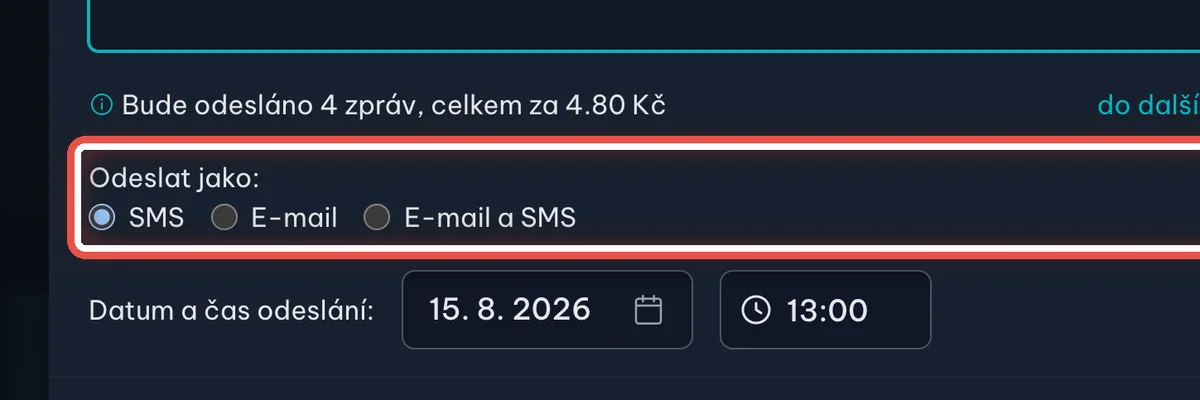 Detail — Vyberte, jak se má zpráva poslat