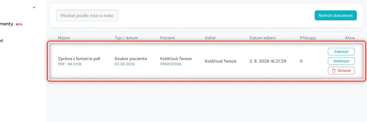 Detail — Pacient vidí, co je nahrané a sdílené