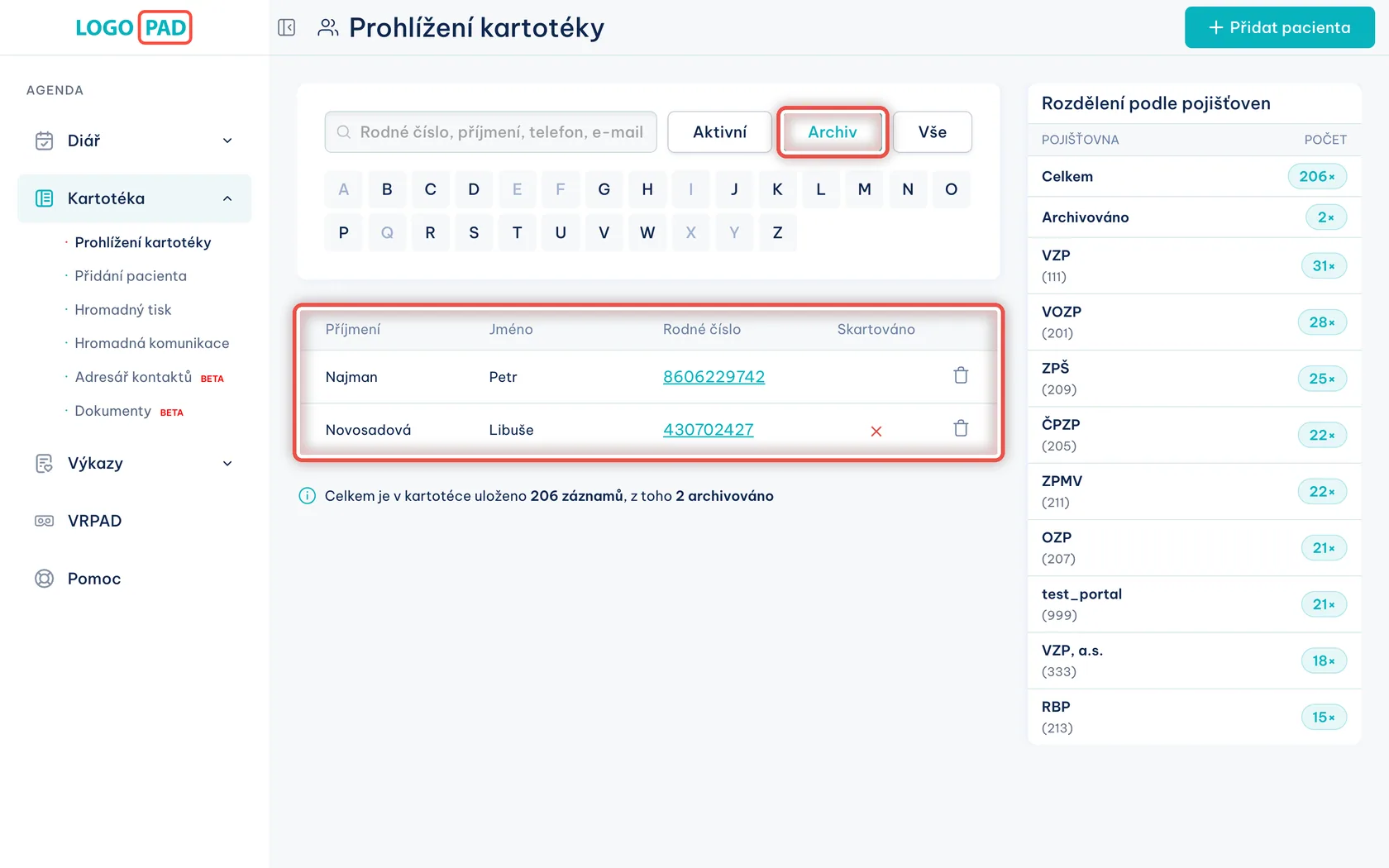 Snímek obrazovky programu LOGOPAD, krok 8 z 17: Podívejte se do archivu — Klikněte na Archiv. Zpět se vrátíte tlačítkem Aktivní.
