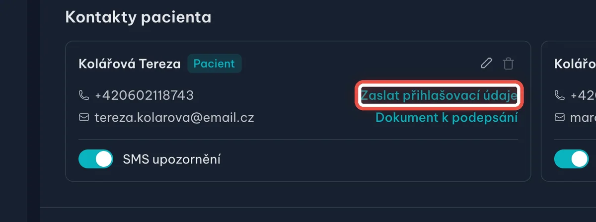 Detail — Pošlete pacientovi přihlašovací údaje