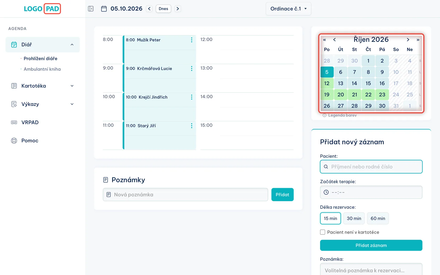 Krok 4: Skok na konkrétní den — snímek obrazovky programu