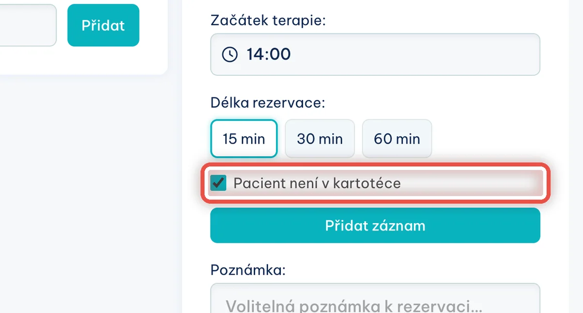 Detail — Zaškrtněte, že pacient není v kartotéce
