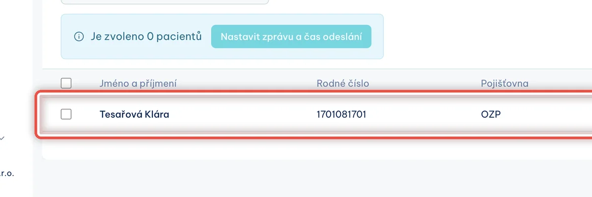 Detail — Kliknutím pacienta vyberete