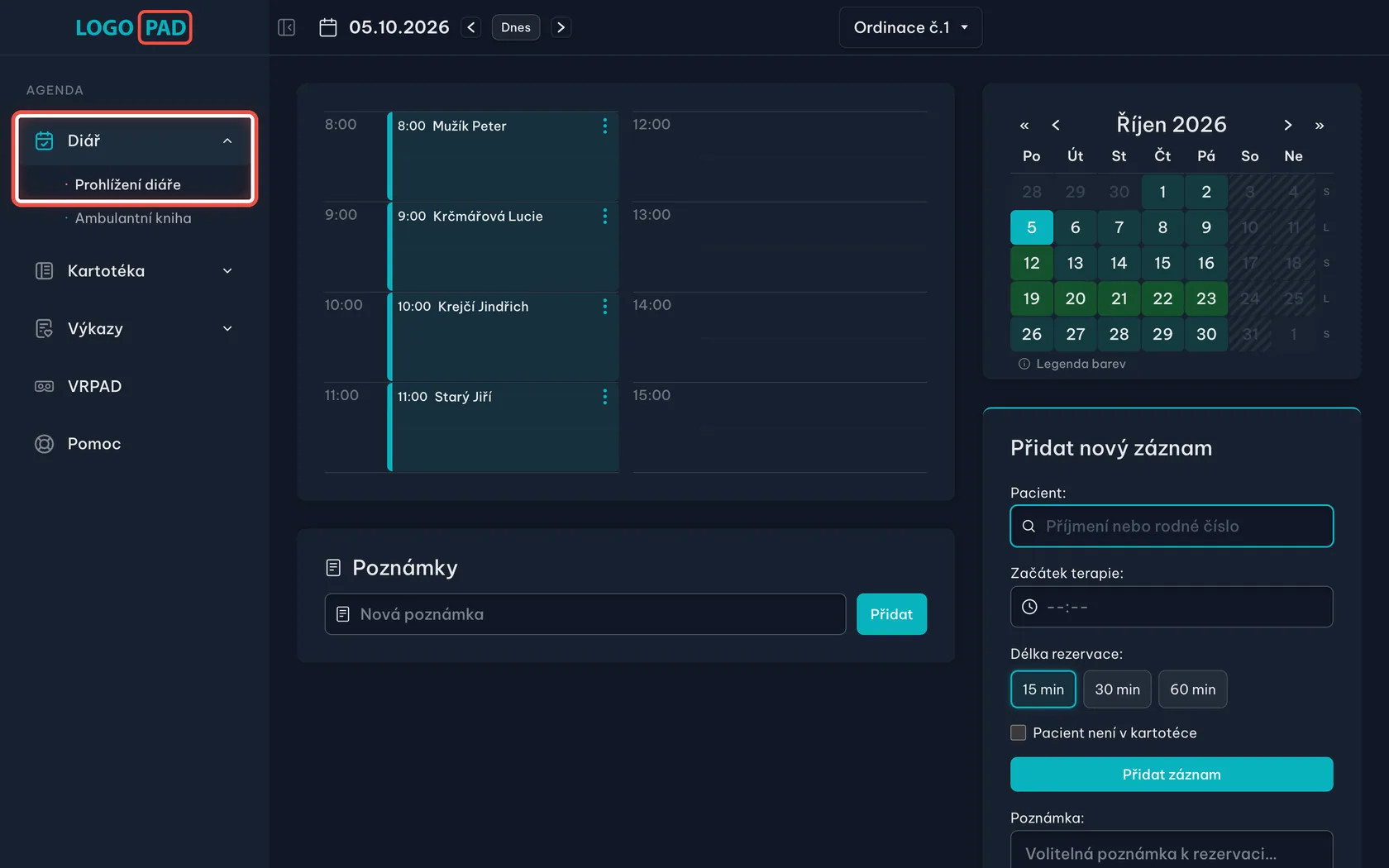 Krok 1: Otevřete diář — snímek obrazovky programu