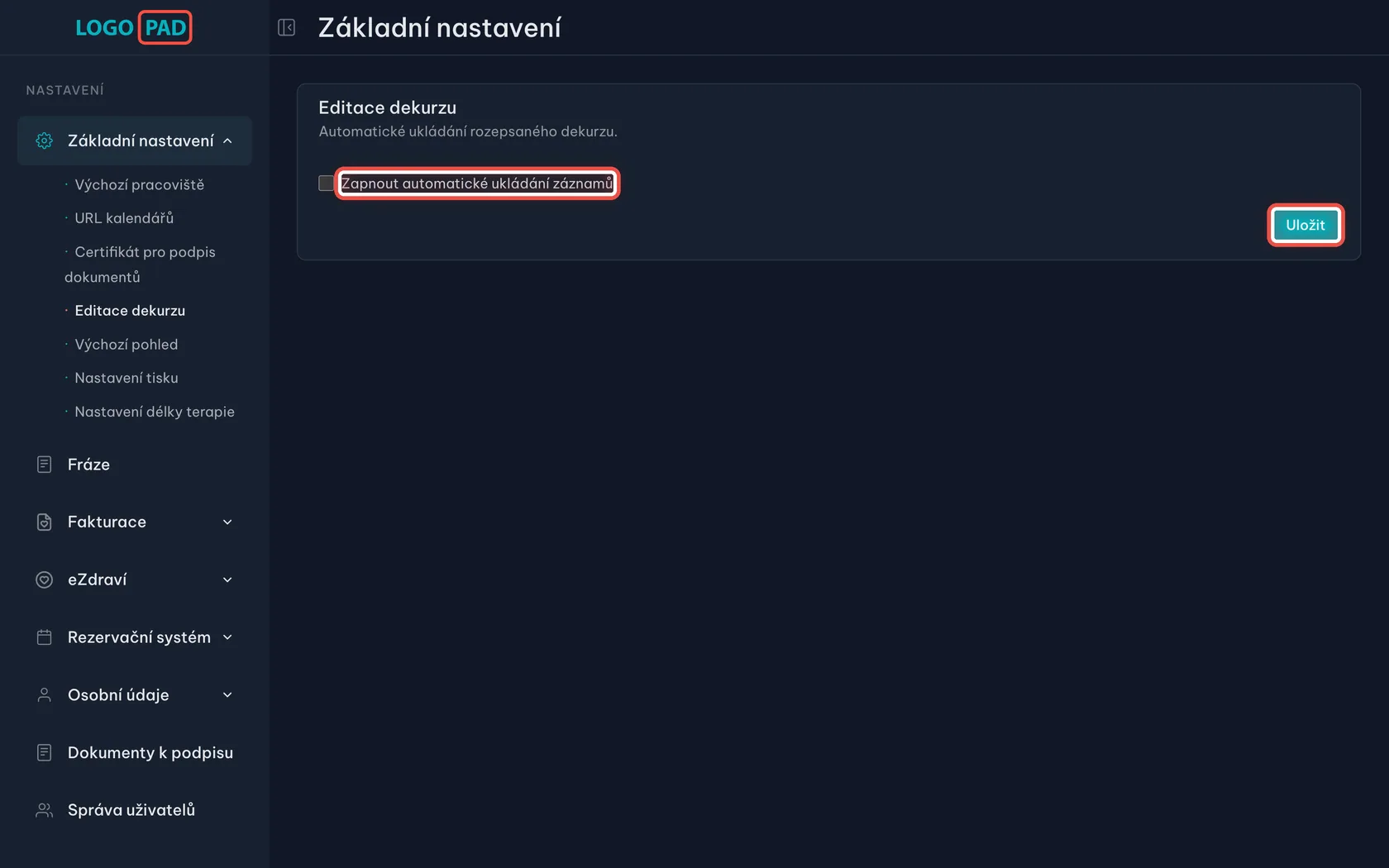 Krok 4 z 13 — Automatické ukládání dekurzu: Jediný přepínač: Zapnout automatické ukládání záznamů.