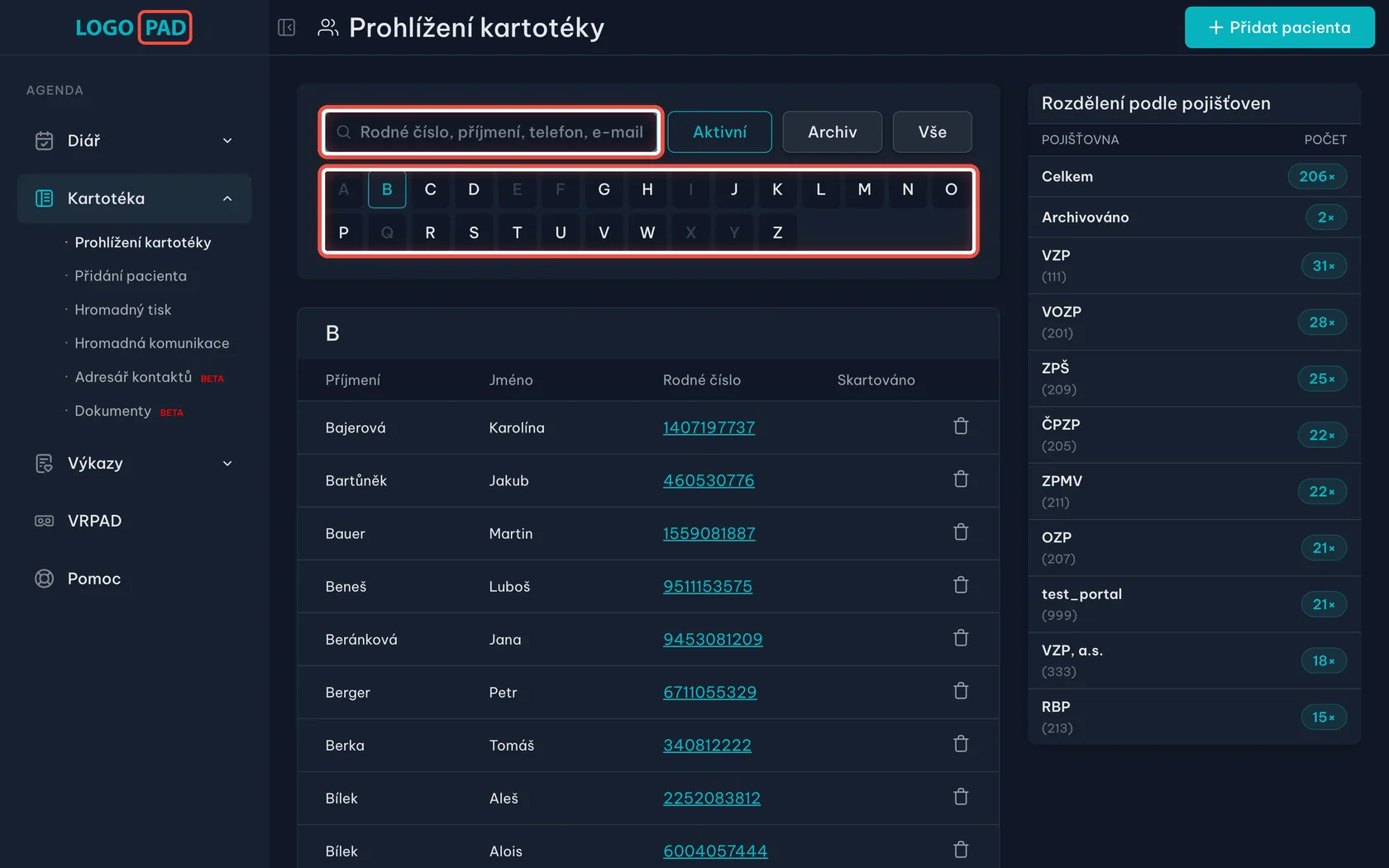 Snímek obrazovky programu LOGOPAD, krok 3 z 17: Takhle kartotéka vypadá — Zatím nikam neklikejte, jen se rozhlédněte. Pacienta můžete najít dvěma způsoby — napsat kousek jeho údajů (rodné číslo…
