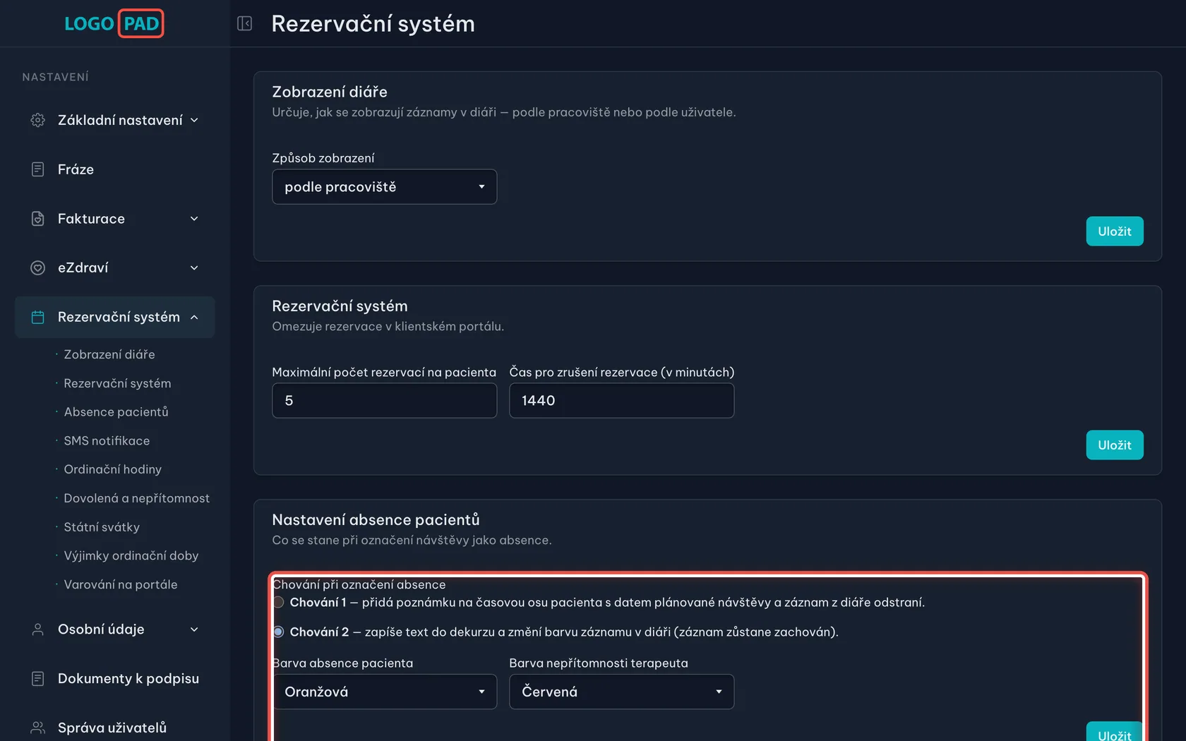 Pokročilý diář — poznámky, barvy, absence a videohovory — krok 8: Co se po označení stane, řídí nastavení