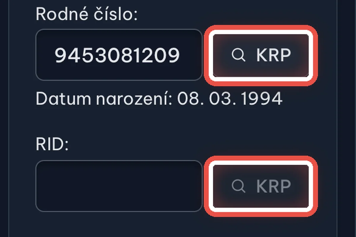 Ověření v registru (KRP) — zvětšené místo, kam se dívat