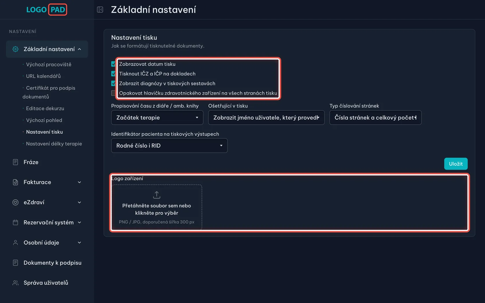 Krok 6 z 13 — Jak mají vypadat tisky: Přepínače a nabídky, které řídí podobu všech tištěných dokumentů — dekurzů, zpráv i dokladů.