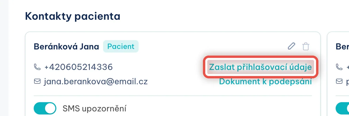 Detail — Pošlete pacientovi přihlašovací údaje