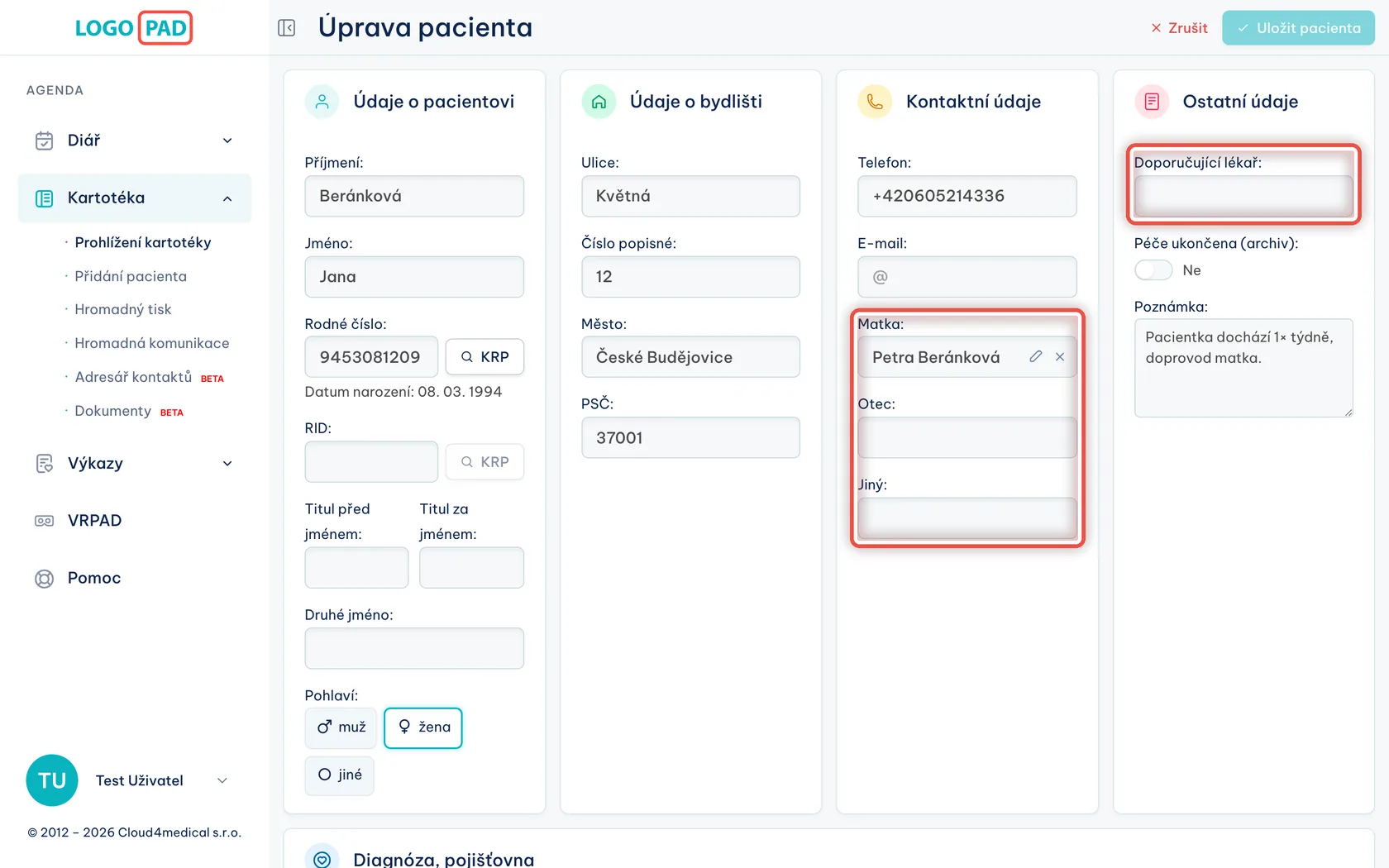Matka, otec, doporučující lékař — snímek obrazovky programu, krok 23 z 27
