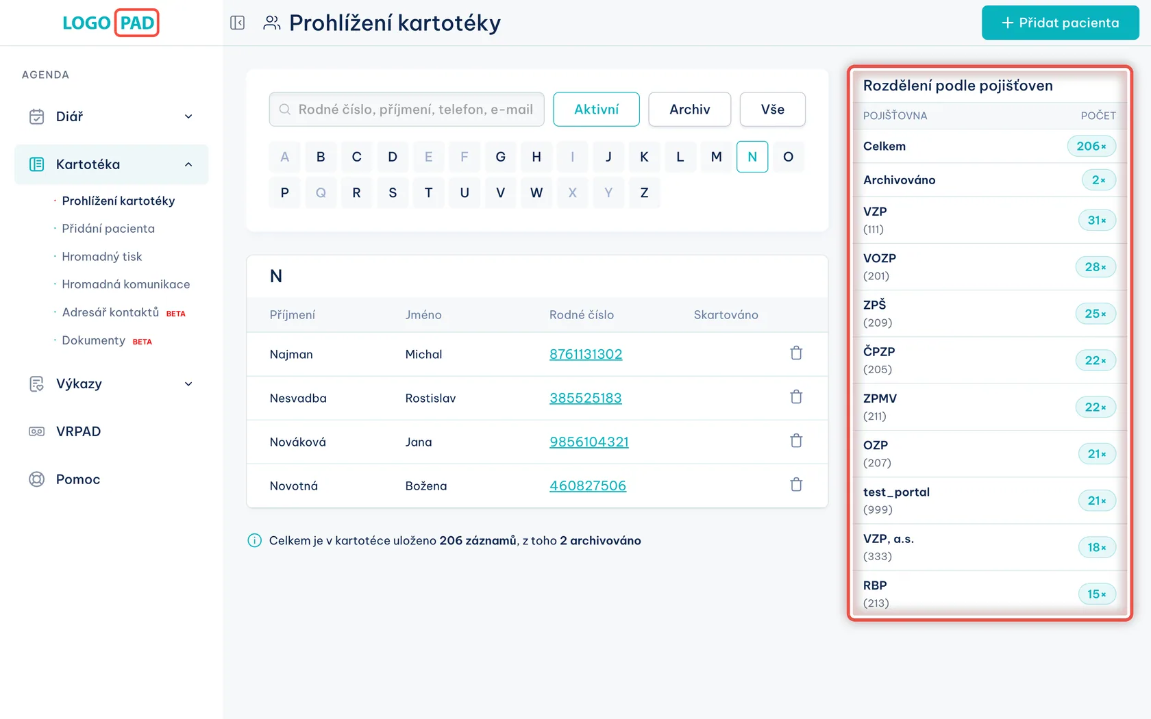 Snímek obrazovky programu LOGOPAD, krok 13 z 17: Rozdělení podle pojišťoven — Nic. Slouží jako rychlý přehled, kolik pacientů které pojišťovně vykazujete.