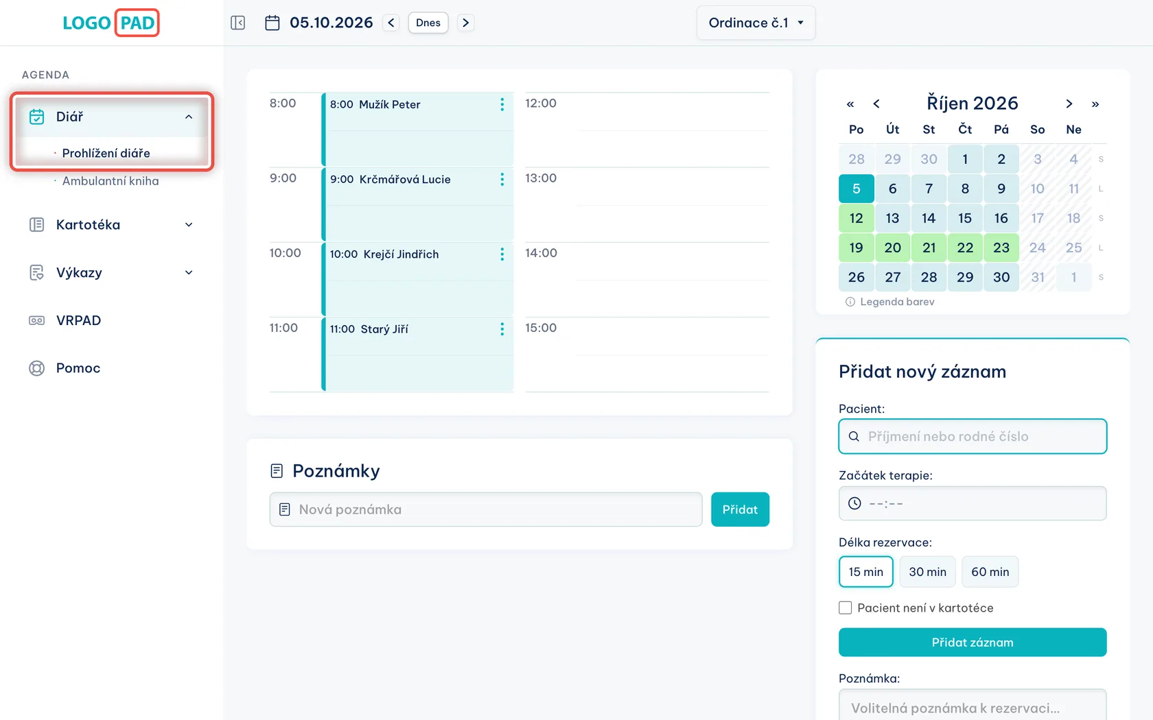 Krok 1: Otevřete diář — snímek obrazovky programu