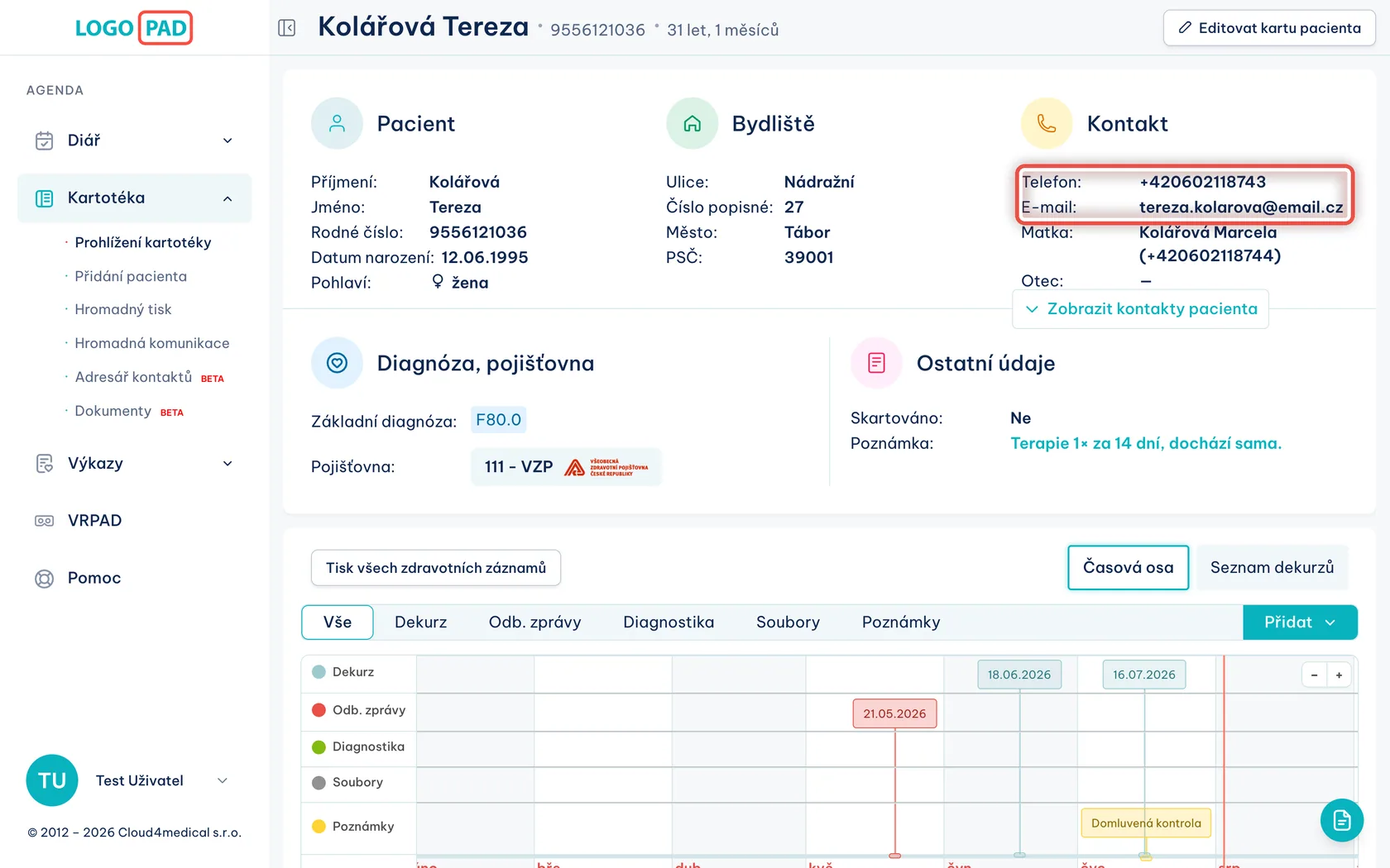 Snímek obrazovky ke kroku 1: Zkontrolujte e-mail a telefon pacienta