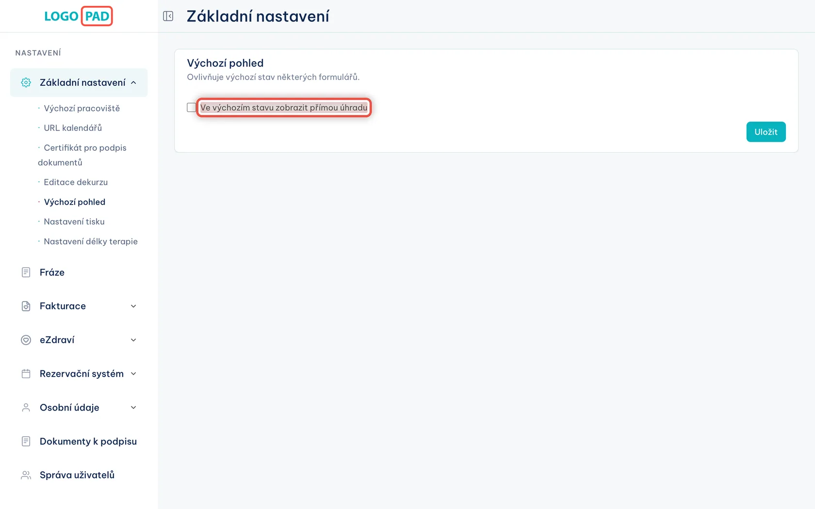 Krok 5 z 13 — Výchozí pohled u výkonů: Přepínač Ve výchozím stavu zobrazit přímou úhradu.