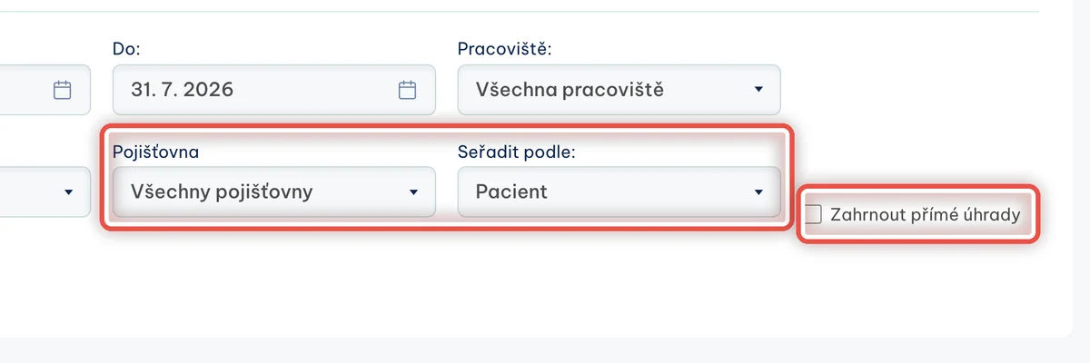 Detail — Pojišťovna, řazení a přímé úhrady
