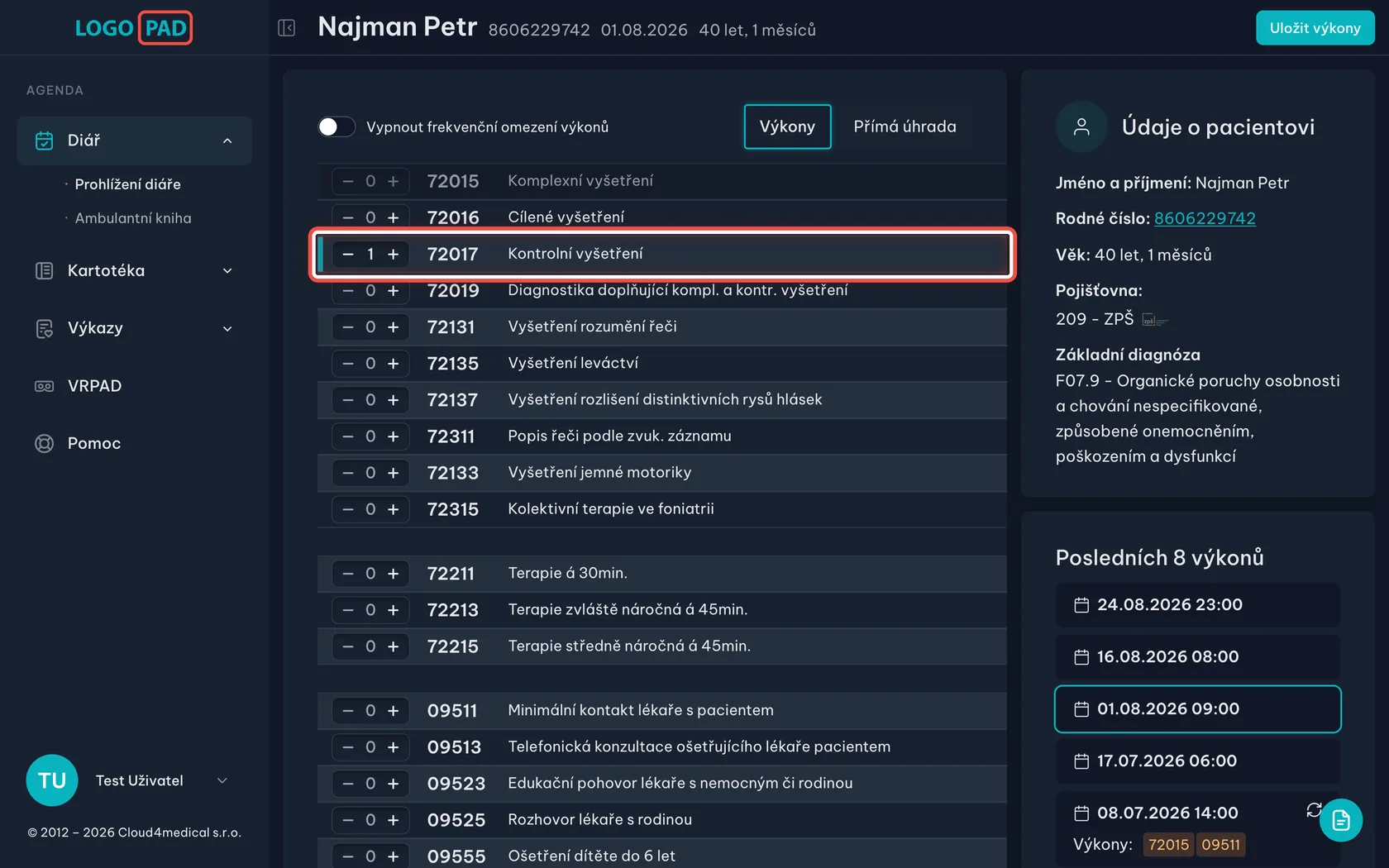 Krok 4: Výkon přidáte kliknutím na řádek — snímek obrazovky programu