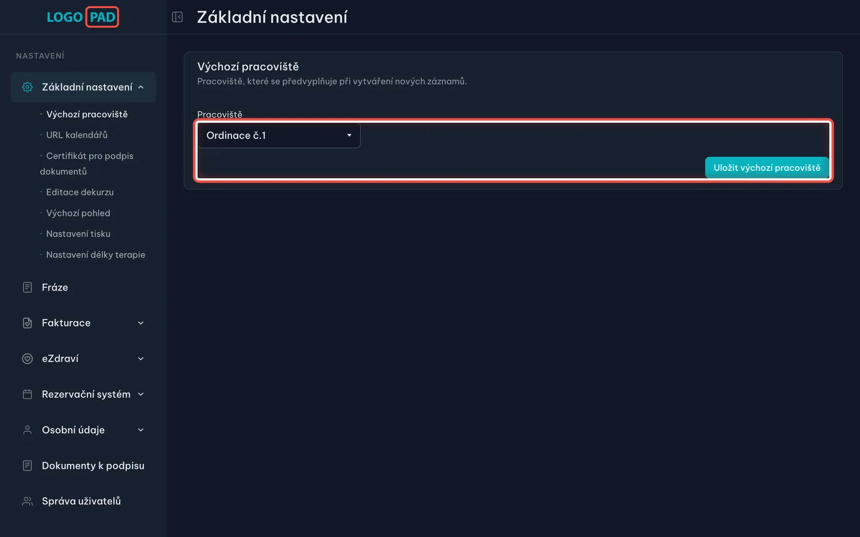 Krok 3 z 13 — Výchozí pracoviště: Nabídka se seznamem vašich ordinací a tlačítko pro uložení.